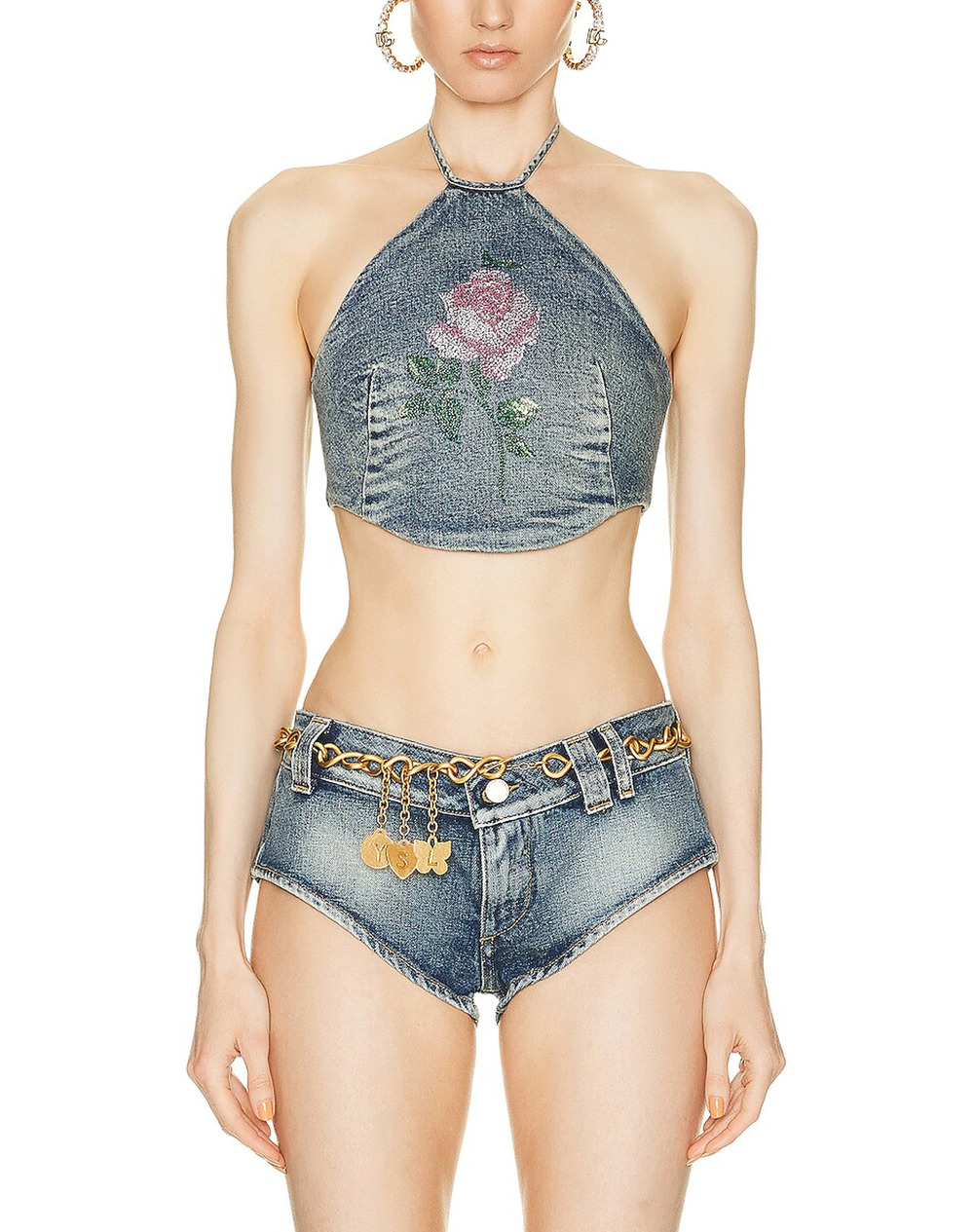Alessandra Rich Embellished Blue Rose Halter Top Size 40 IT / US 4